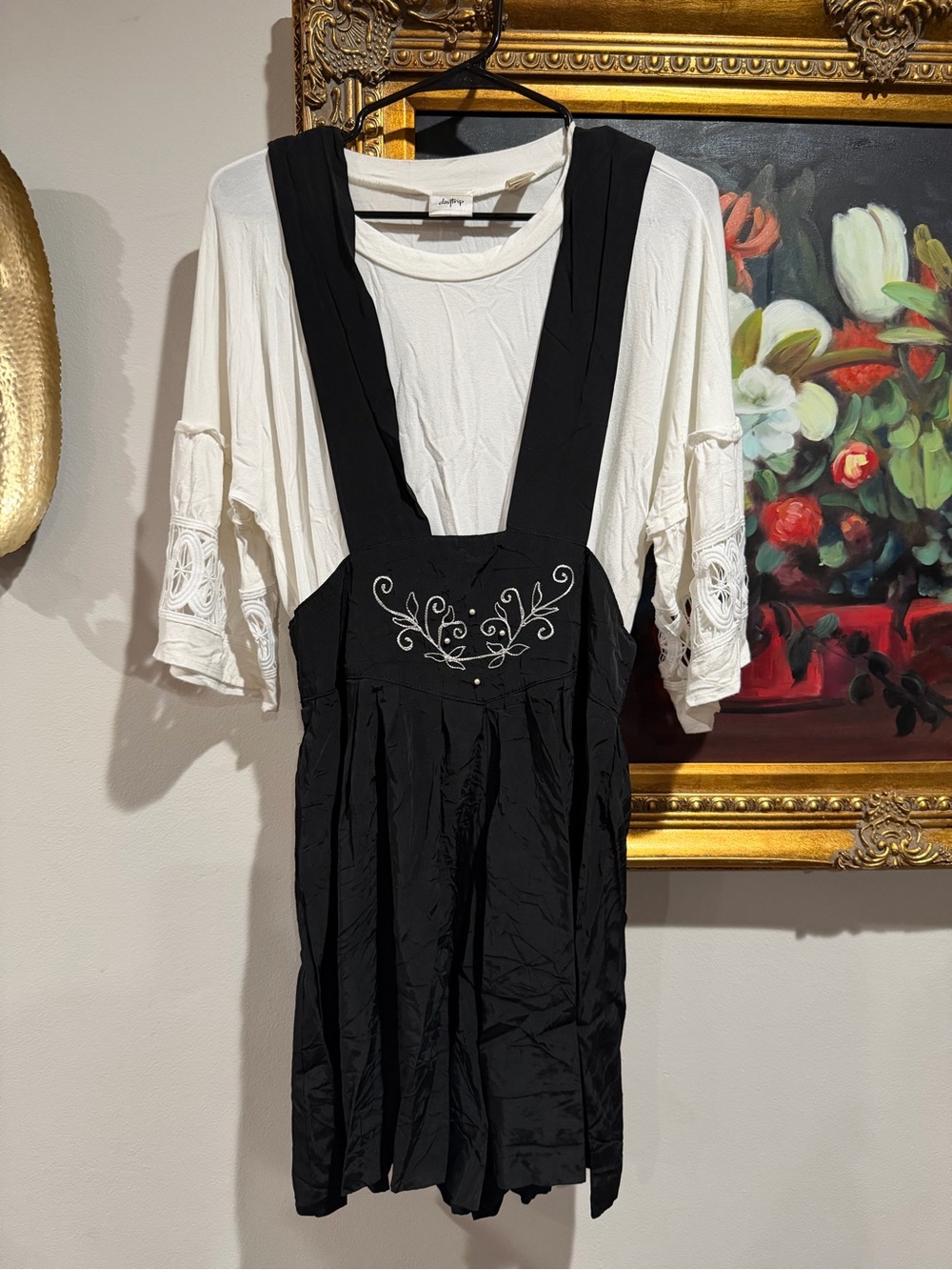 Vintage White Lace Sleeve Top with Black Embroidered Pinafore shorts pant suit